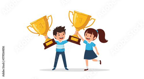 Happy young boy and girl celebrating a victory, each raising a shining gold trophy high in the air with joyful smiles.