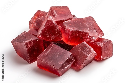 Red Gelatin Cubes Piled on White Background for Food and Dessert Photography