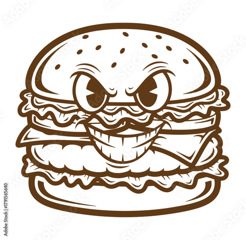 Cartoon burger with a grinning face in a detailed brown outline illustration