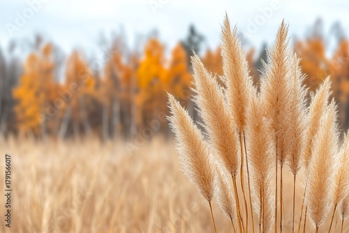Golden Pampas Grass with Blurred Autumn Trees in the Background on a Cloudy Day