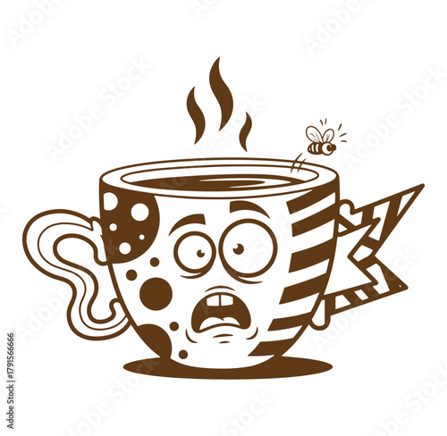 Cartoon cup of coffee with a surprised expression and a flying bee illustration