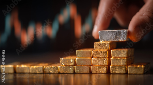 Stack of gold and silver bars with hand placing ingot against blurred stock market chart, symbolizing wealth, investment, and financial strategy
