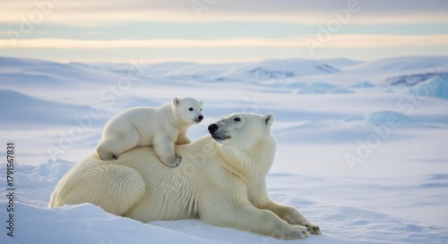 Loving polar bear mother with her cute cub bonding on snowy arctic landscape