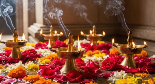 Elegant Diwali Celebration: Golden Diyas Illuminate a Vibrant Flower Arrangement with Smoke