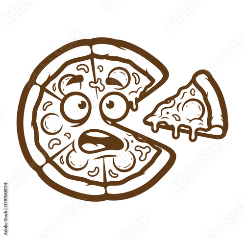 Cartoon pizza character with a missing slice expressing surprise and delight in simple design