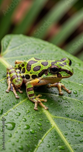 Exotic amphibian resting on a vibrant green leaf dappled with glistening water droplets
