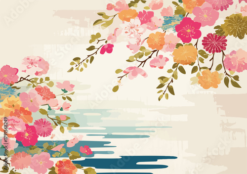 Vetor floral delicado com flores vibrantes e folhas verdes em um fundo suave com elementos aquáticos