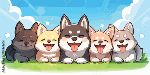 Grupo de cachorros adoráveis e felizes em um campo verde sob um céu azul com nuvens