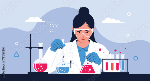 Female scientist conducting a chemical experiment in a laboratory, pouring liquid into a flask with safety goggles and lab equipment.