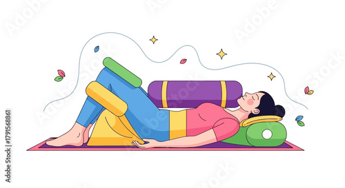Woman relaxing on yoga mat with supportive blocks