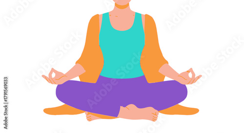 Woman in purple pants and teal top meditating in