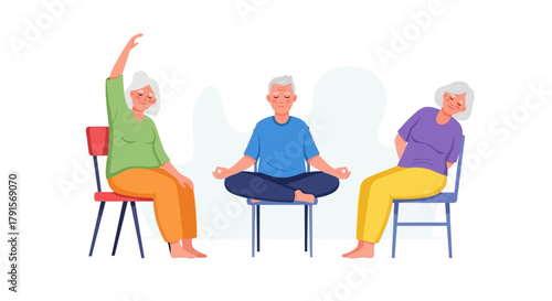 Three senior women practicing chair yoga on
