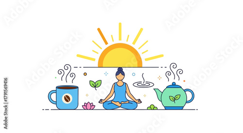 Illustration of a woman meditating with a tea pot