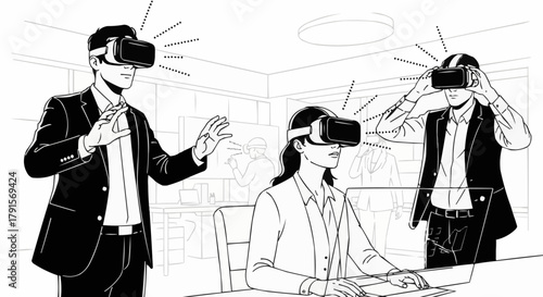 People Experiencing Virtual Reality with VR Headsets in Business Setting.