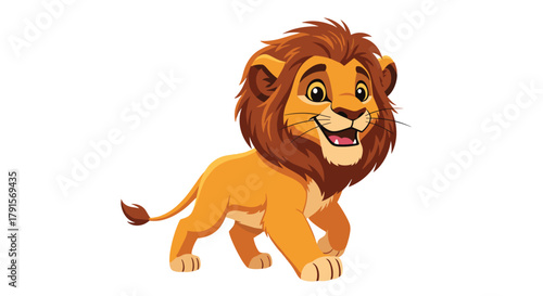 Cute cartoon lion cub with a happy, smiling expression, featuring a fluffy mane, walking forward on a white background.