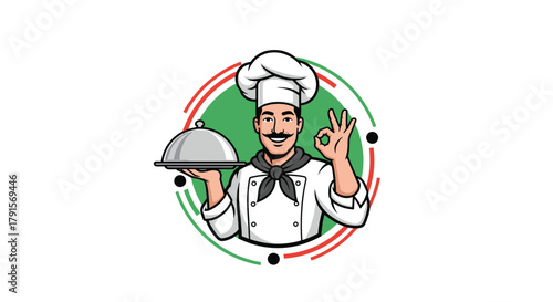 A cheerful cartoon chef with a mustache and hat holds a serving dish, making an \.