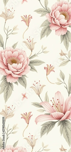 Elegant floral pattern featuring soft pink and cream peonies with golden centers, accented by delicate green leaves on a muted pastel background. Perfect for romantic or vintage-inspired designs.