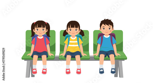 Three happy young students, two girls and a boy, sit on a green bench with their backpacks, ready for school.