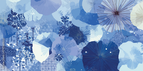 Padrão abstrato de flores e formas orgânicas em tons de azul, com texturas variadas.