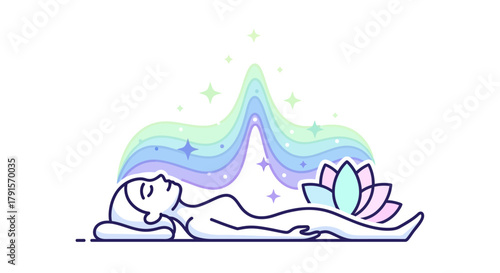 Woman meditates on a mat with a lotus flower