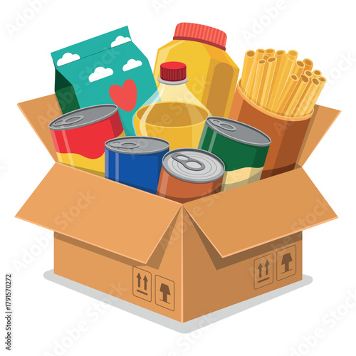 Donation box filled with canned goods and food staples for charity and community support