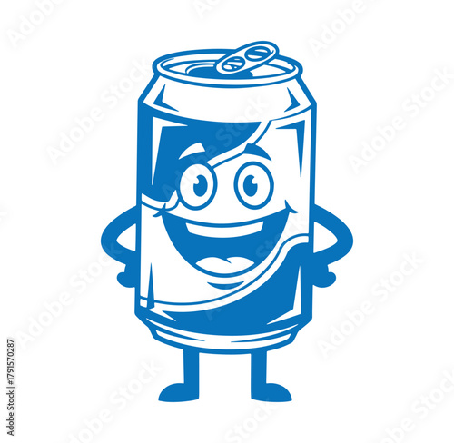 Cheerful blue soda can mascot with arms legs and a big smiling face on a white background