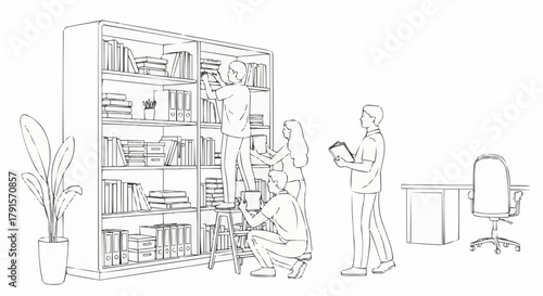 People organizing and searching for books on a large bookshelf.