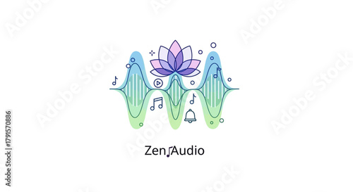 Logo of Zen Audio with a purple lotus flower and sound waves on a white background