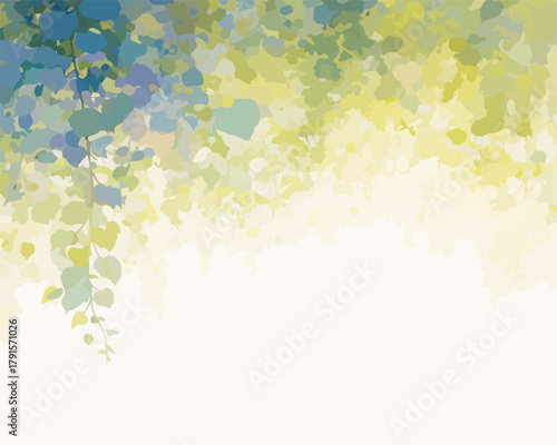 Este fundo abstrato apresenta folhas verdes e azuis em estilo aquarela, criando uma borda orgânica e serena para diversos designs.