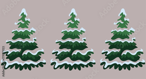 Three cartoon snow-covered pine trees illustration, winter Christmas forest design, evergreen trees with white snow layers isolated on white background