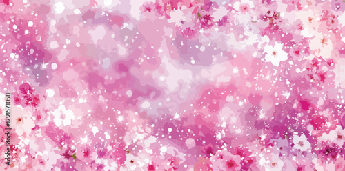Um vibrante fundo rosa em aquarela adornado com delicadas flores de cerejeira e efeitos de luz cintilantes, ideal para designs românticos de primavera.