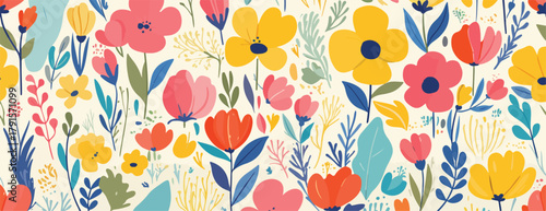 Um padrão floral vibrante e colorido, com flores estilizadas em tons de amarelo, rosa e azul, perfeito para fundos e designs.