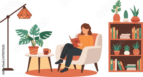 Cozy Indoor Scene: Woman Reading Book in Armchair and Plants

Flat Vector Illustration of Home Comfort and Reading Hobby

Minimalist Living Room Interior Design with Person Relaxing