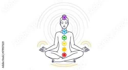 Line drawing of a meditating woman with colorful chakras and aura in a lotus position.