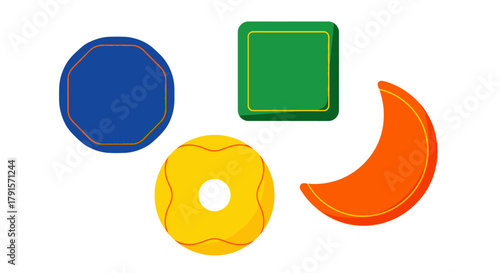Flat lay of colorful geometric shapes on a white background.