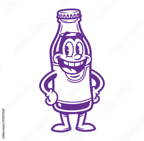 Cheerful cartoon character shaped like a soda bottle in purple color on white background