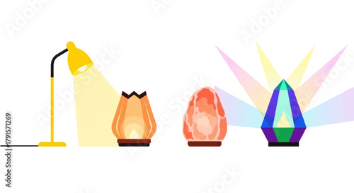 Three colorful crystal lamps on a white background with light effects