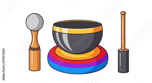 Graphic illustration of a bowling ball and pins on colorful rings against a white