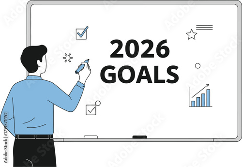 Businessman Writing 2026 Goals on Whiteboard for Future Planning

New Year Resolution: Setting Objectives and Business Strategy

Concept of Goal Setting, Vision, and Annual Company Planning