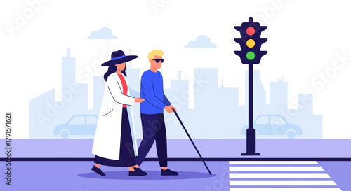 Woman Guiding Blind Man Across the Street