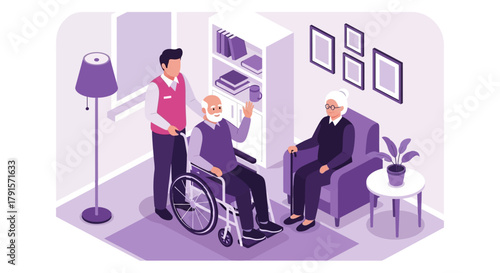Isometric Illustration of Elderly Care in Nursing Home