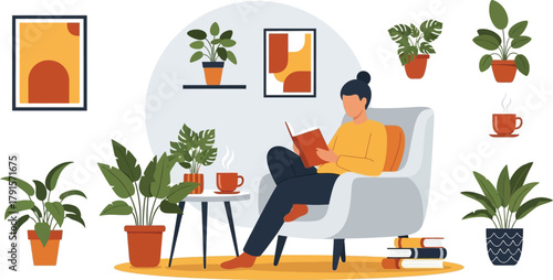 Cozy Indoor Scene: Woman Reading Book in Armchair and Plants

Flat Vector Illustration of Home Comfort and Reading Hobby

Minimalist Living Room Interior Design with Person Relaxing