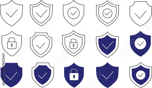 Shield line icons set with security protection, safety badge, checkmark guard and defense symbols for cybersecurity vector illustration