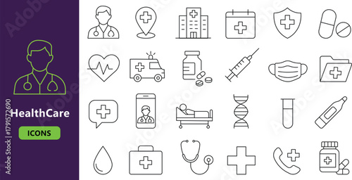 Healthcare line icons set with medical cross, doctor, hospital equipment and health services for medicine and treatment vector illustration