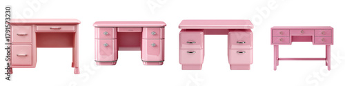 Charming collection of four vintage-inspired pink desks, perfect for creating a stylish and functional workspace or vanity area with retro flair.