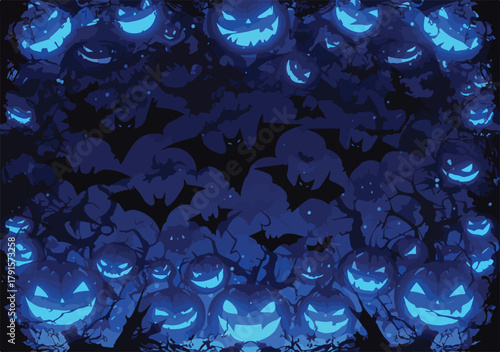 Um fundo assustador de Halloween com abóboras luminosas azuis e morcegos voando, perfeito para celebrações noturnas e temas de terror.