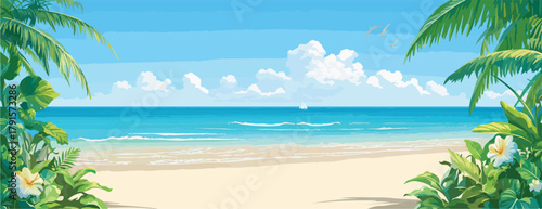 Ilustração vetorial de uma praia tropical paradisíaca, com mar azul, areia clara e palmeiras, criando um ambiente de férias relaxante e inspirador.