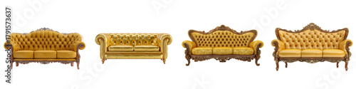 Luxurious golden tufted sofas exude vintage elegance and opulent comfort, perfect for timeless interior design projects and grand living spaces.