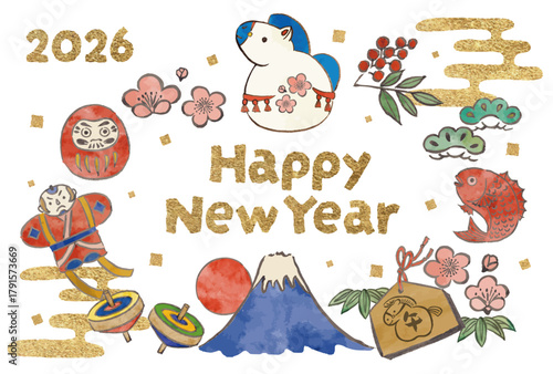 馬の飾りと正月の縁起物の年賀状テンプレート