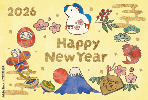 馬の飾りと正月の縁起物の年賀状テンプレート